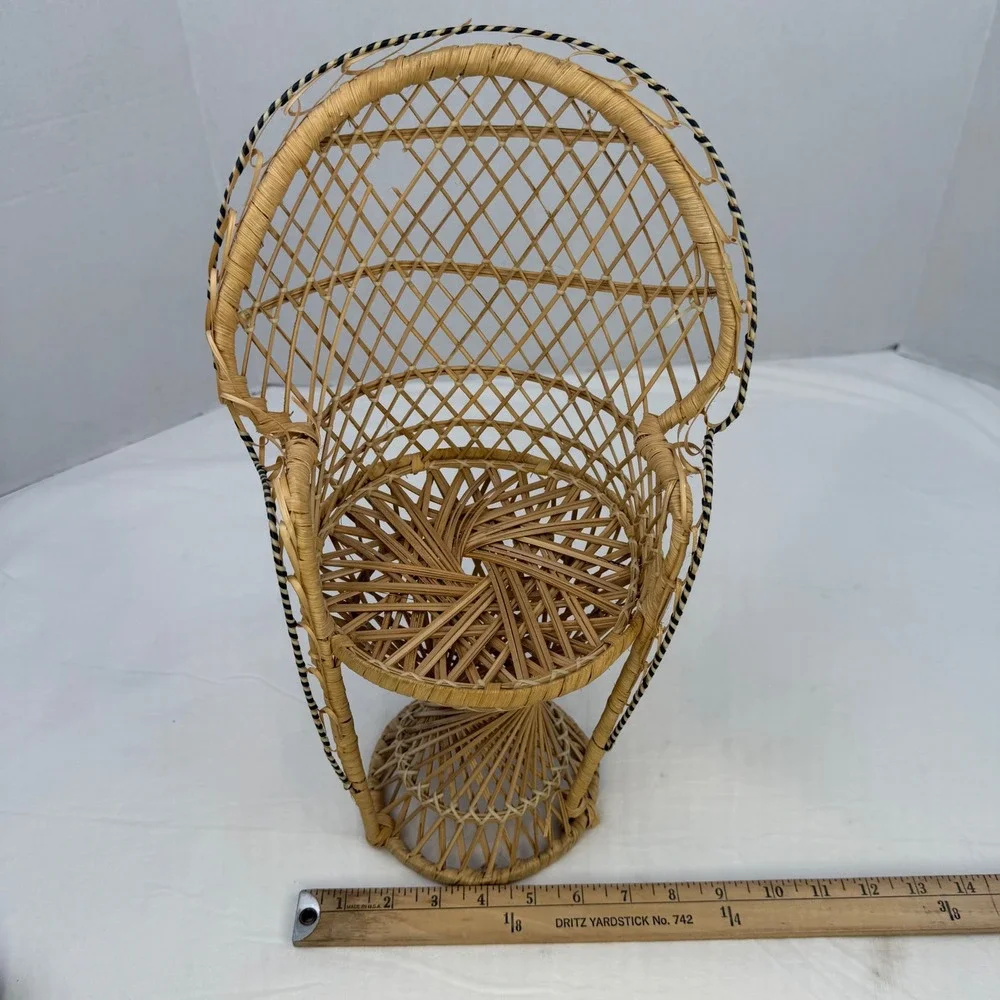 Vintage Miniature Peacock Chair Woven Wicker Rattan Boho Doll‎ Plant Stand 15.5